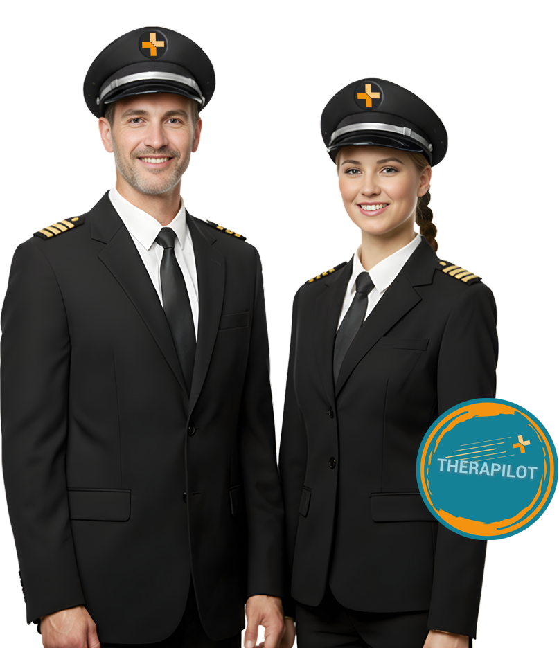 Pilotenmann und -frau mit Button "PLUS" des Logos von Berger Care auf der Mütze als "THERAPILOTen"