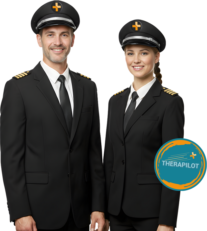 Pilotenmann und -frau mit Button "PLUS" des Logos von Berger Care auf der Mütze als "THERAPILOTen" sowie dem THERAPILOTen-Signet