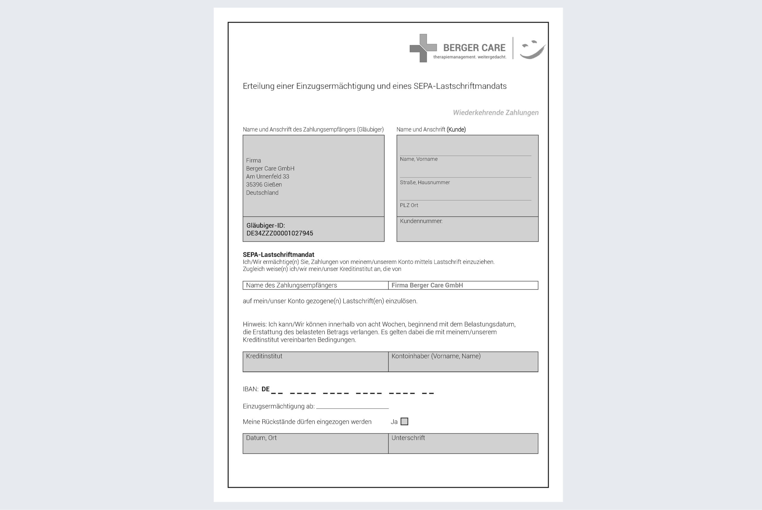 Vorschaubild SEPA-Lastschriftmandat für Fa. Berger Care GmbH, verlinkt zum zugehörigen PDF-Dokument