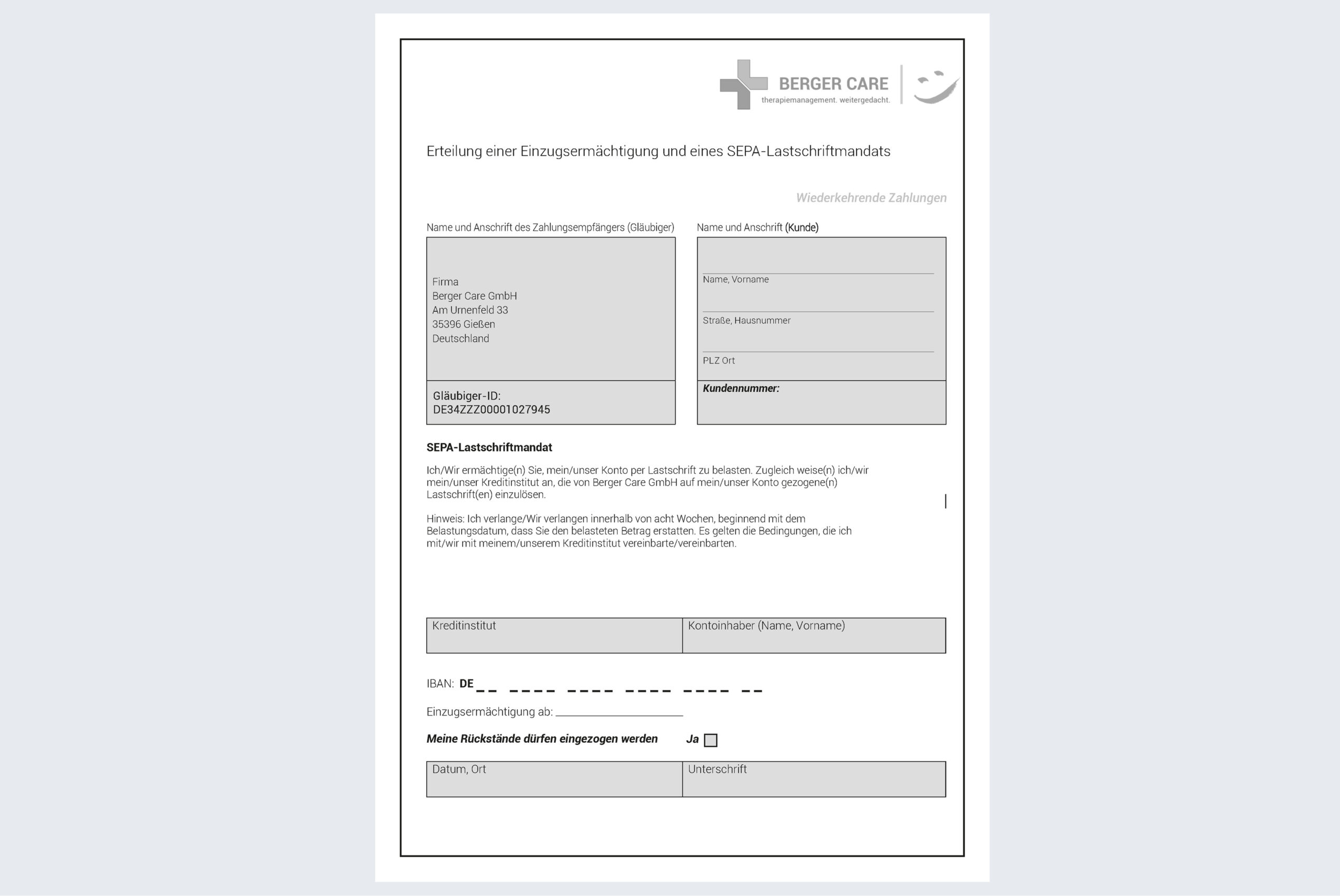 Vorschaubild SEPA-Lastschriftmandat für Fa. Berger Care GmbH, verlinkt zum zugehörigen PDF-Dokument